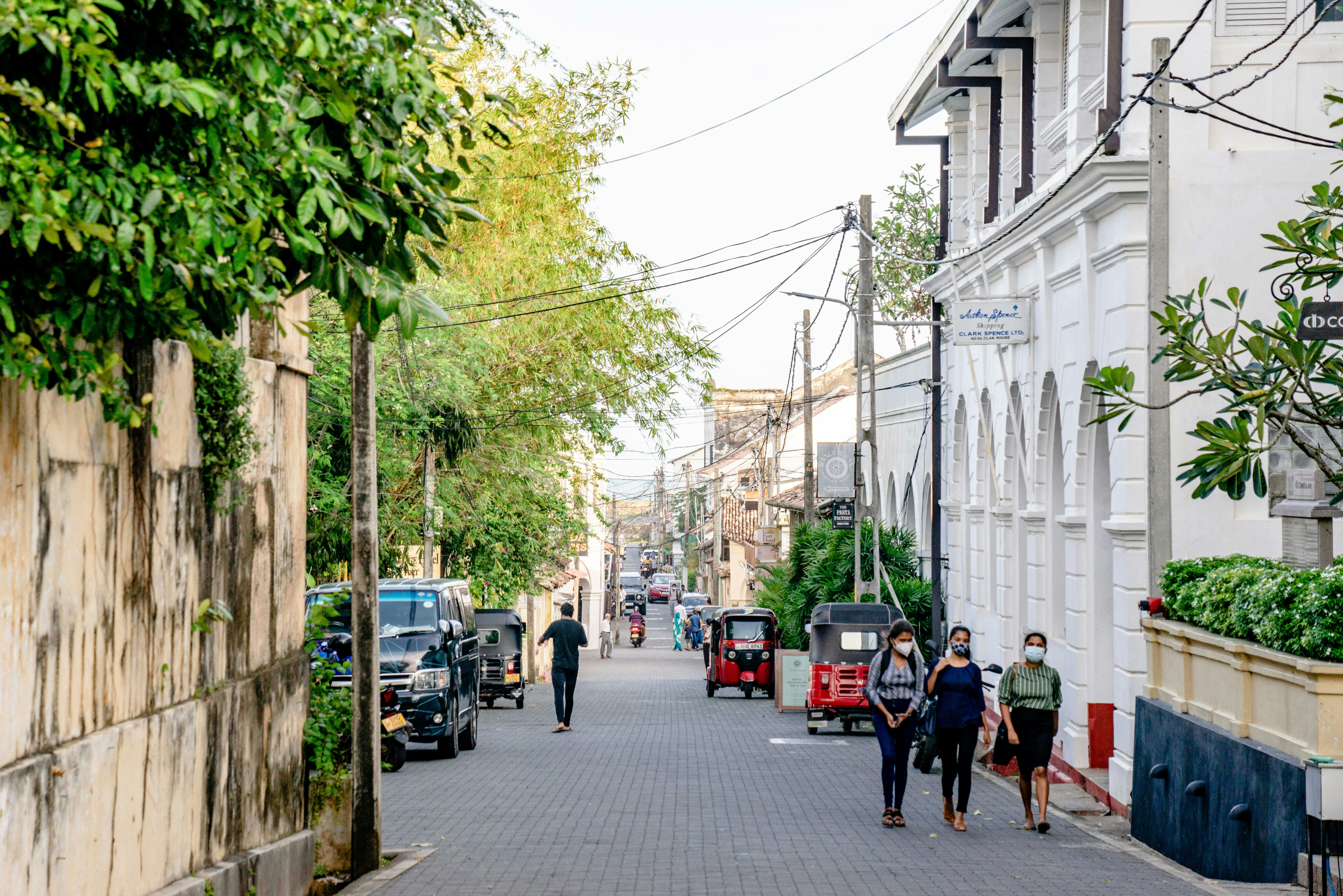 Lively street inside Galle's historic quarter with charming colonial buildings and boutique stores.